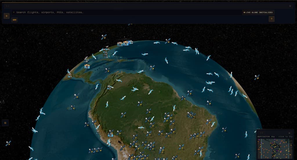 SkyView globe centered on South America, with aircraft, satellite and camera markers and a small navigator map.